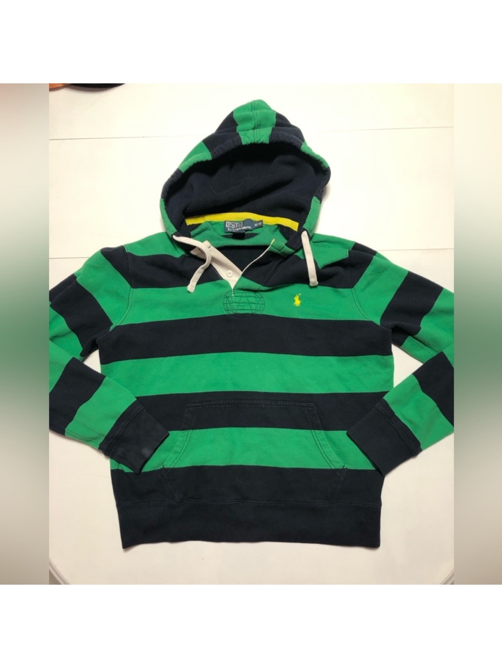 Polo Ralph Lauren Green & Navy Striped Hooded Rugby Shirt